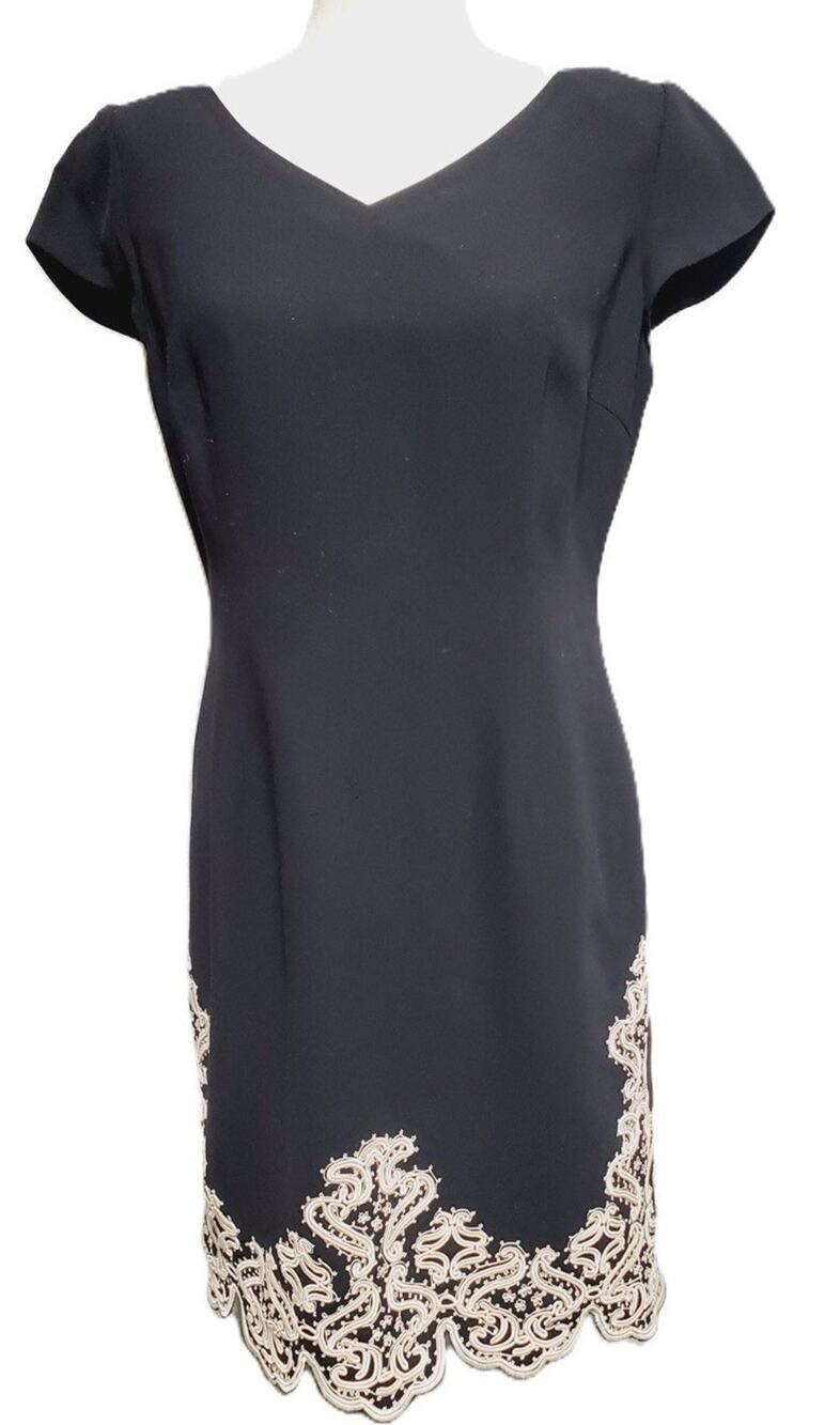 Vintage Maggy London Black Embroidered Sheath Dress 10P